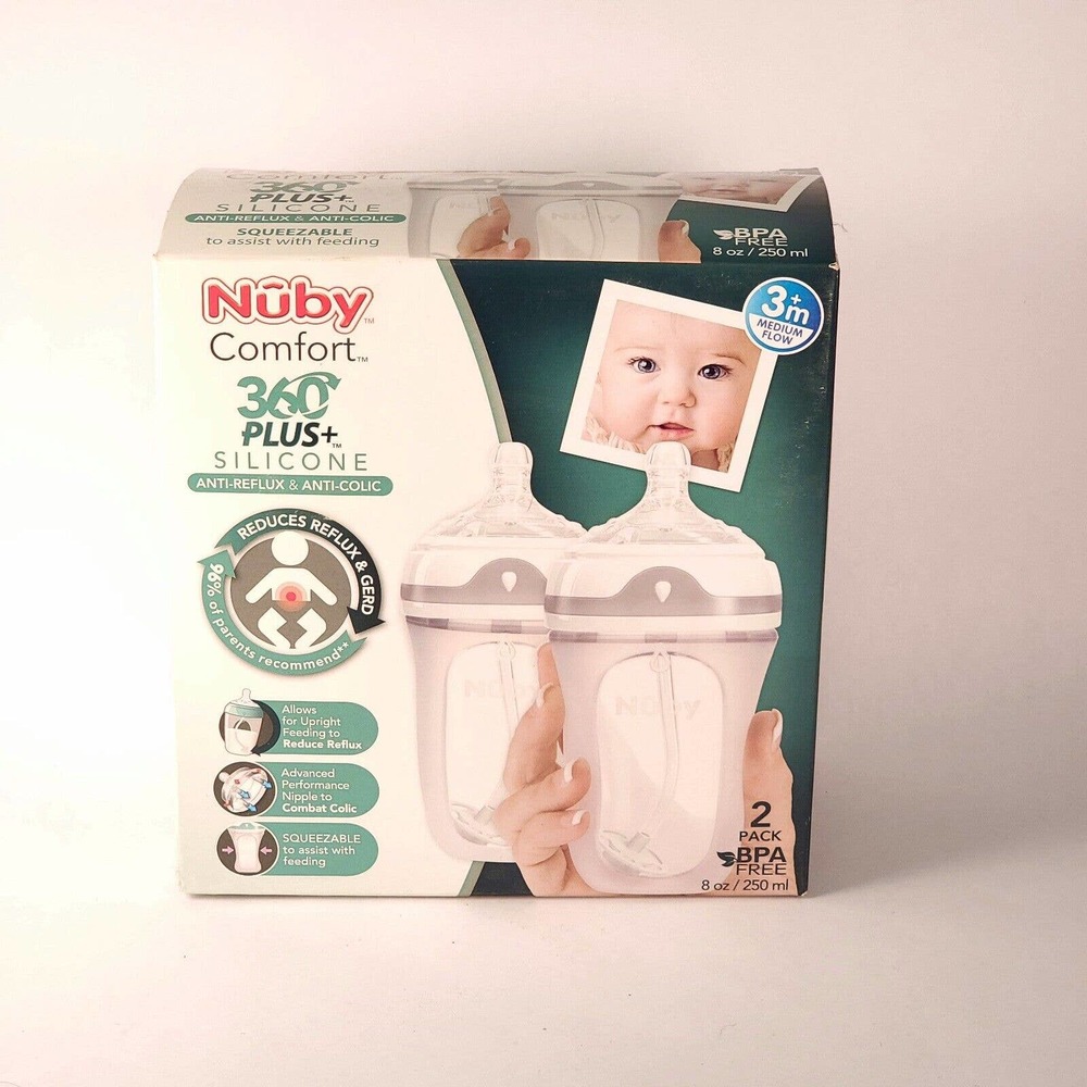 Nuby Comfort 360 Plus Baby Bottles 8oz 2 pk Soft Silicone Anti Colic New Sealed